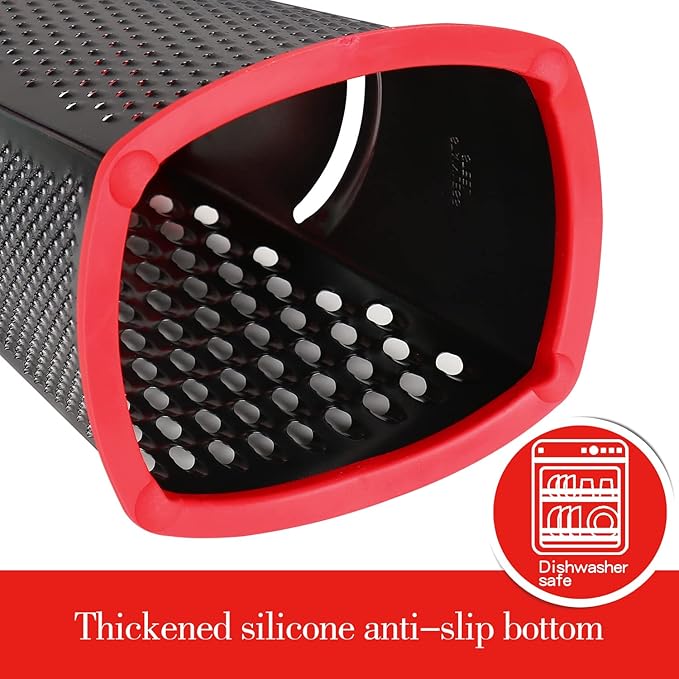 Ourokhome Cheese Grater with Handle, Stainless Steel Box Grater, 4 Side Kitchen Vegetable Shredder Slicer Zester with Container for Parmesan, Cabbage, Ginger, Lemon, Chocolate, Coconut (Red and Black)