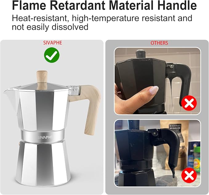 Sivaphe Aluminum Moka Pot 6 Espresso Cups, Percolator Espresso and Coffee Maker, Portable Stovetop Italian and Cuban Café Brewer for Home and Camping Sliver