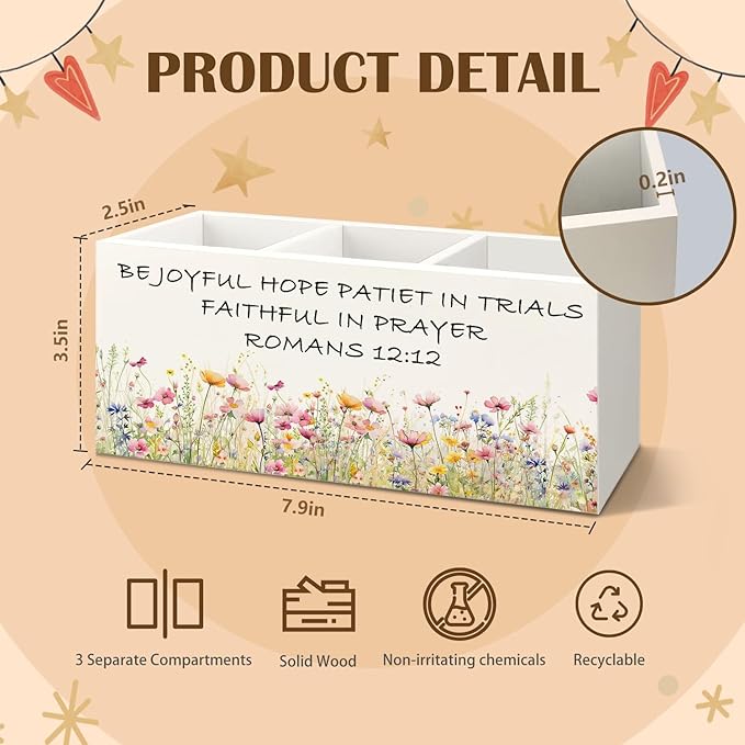 Floral Christian Wooden Utensils Holder, Wildflower Romans 12:12 Bible Verse Wood Cooking Utensil Holder Organizer for Kitchen Countertop Counter Decor Accessories