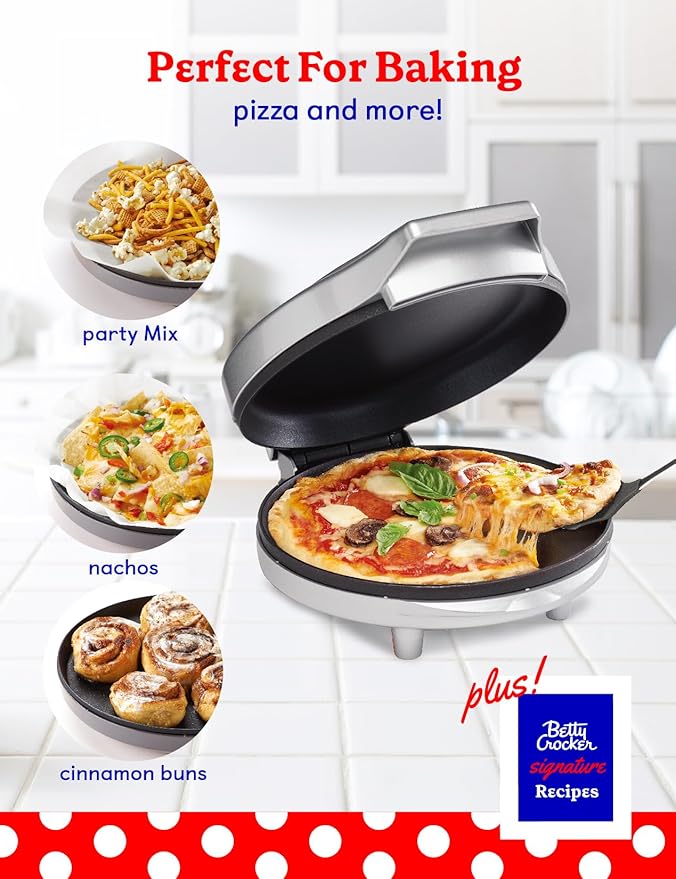 Betty Crocker 8" Travel Pizza Maker Plus, Indoor Electric Grill With Insulated Travel Bag, Nonstick Pan for Pizzas, Quesadillas, Nachos and more, Personal Pizza Machine for Delicious Meals, Silver