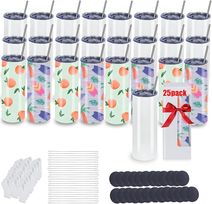 25 Pack 20oz Sublimation Tumblers Bulk With Flat Edge, 20OZ Flat Sublimation Tumbler Blank, Skinny Straight Stainless Steel Blanks Cups with Individual Box (25, 20OZ FLAT EDGE)