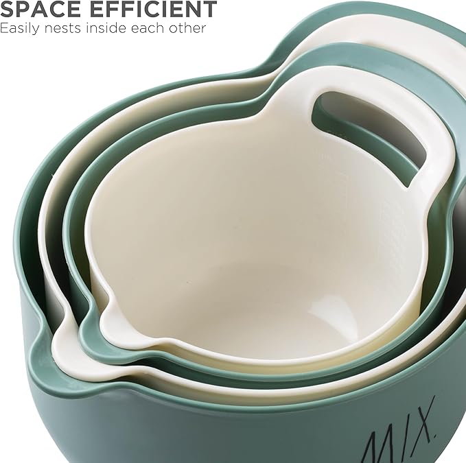 Rae Dunn Non-Slip Mixing Bowls - 4 Piece Nesting Plastic Mixing Bowl Set with Pour Spouts and Handles-Measurement Markings (Sage)