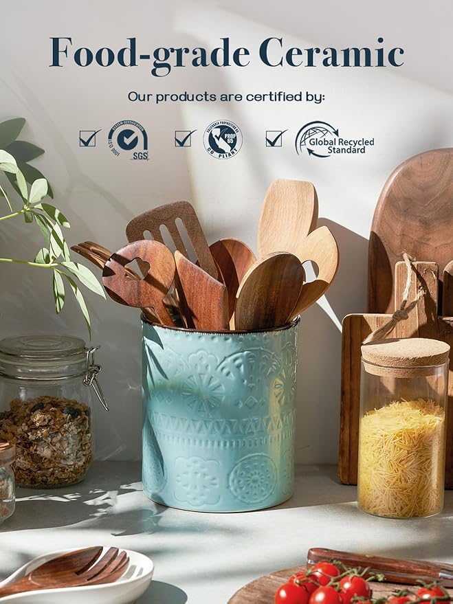 DOWAN 7.2" Kitchen Utensil Holder, Extra Large Farmhouse Utensil Holders for Countertop, Ceramic Utensil Crock, Anti Slip Cork Bottom