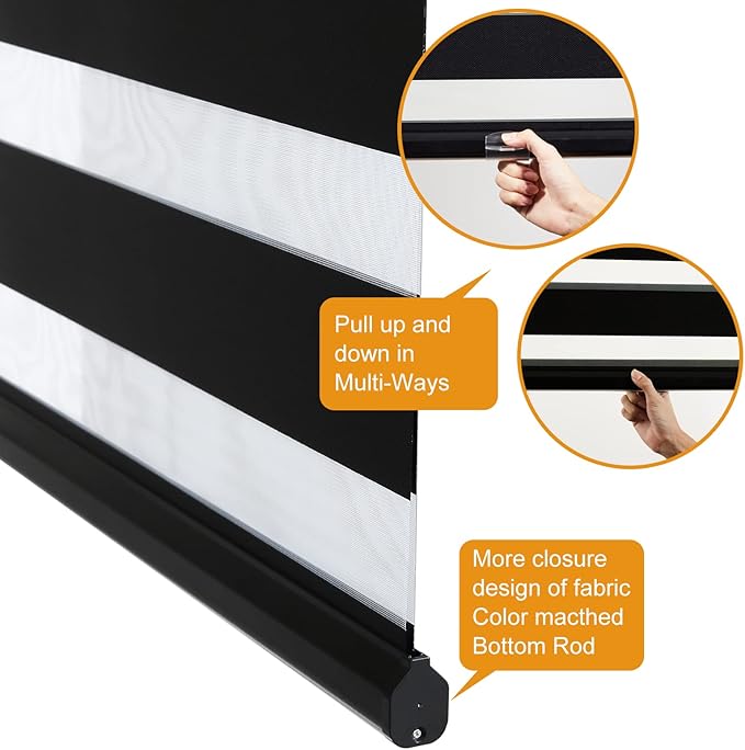 Persilux Cordless Zebra Blinds for Windows (35" W X 47" H, Black) Free-Stop Dual Layer Roller Windows Shades for Day and Night, Light Filtering Sheer Shades for Home, Easy to Install