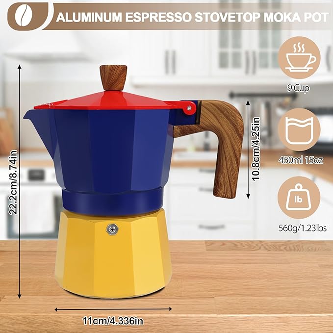 Aluminum 9 Cup 450ml Moka Pot Express Coffee Maker Stovetop Espresso Colorful Coffeemaker Italian Classic Style Brewing Greca Cafe Mocha Machine for Cafeteras Lover Camping Travel and Home Use 15oz