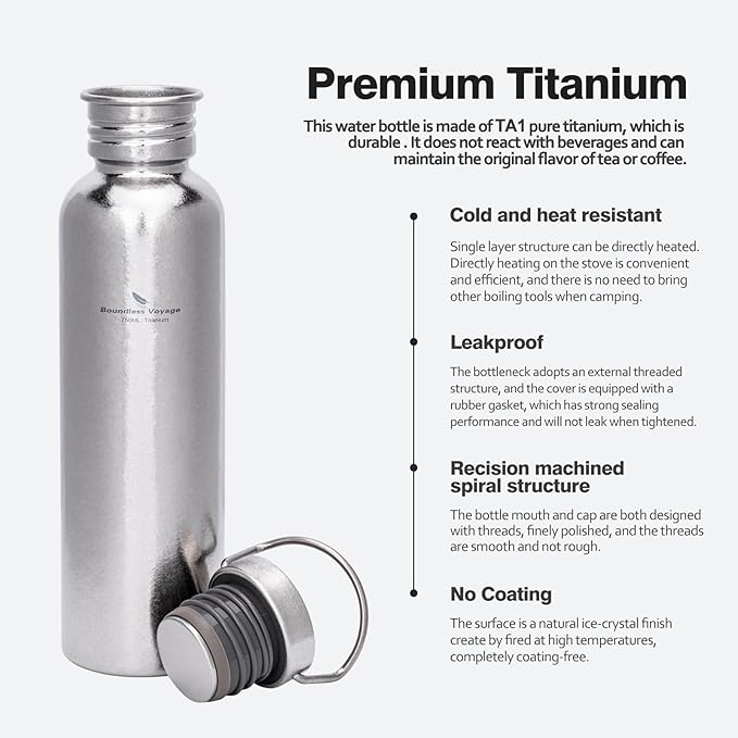 Boundless Voyage Titanium Water Bottle with Lid Wide Mouth Leak-Proof Reusable Sport Drinking Bottle for Camping Hiking Picnic Climbing Running Tea Coffee (750ml-glossy)