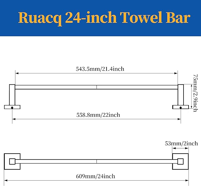 Ruacq Brushed Grey 21 Inch Single Towel Bar Square Bath Towel Holders Bathroom Towel Rack SUS304 Stainless Steel Modern Wall Mounted Total Length 24 inch