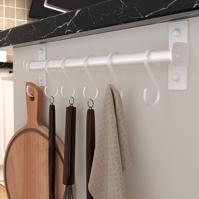 Dseap Kitchen Utensil Holder Hanger, Pot and Pan Rack Wall Mounted, Kitchen Rail with 8 Hooks for Hanging Cooking Utensils, Mugs, Spoons, Wall Mounted, White, Pack of 2