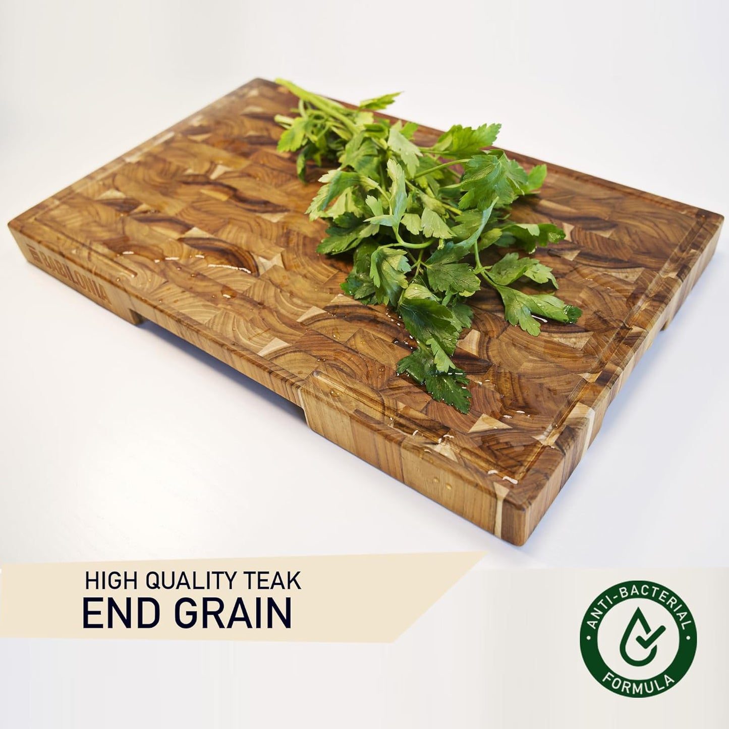 Teak Cutting Board Large (ExtraThick 1.7"). Premium Quality Butcher Block, Charcuterie Board. Heavy Duty End Grain Wood Chopping Board 19.7"L x 12.2"W with Handle (Oil bottle & Plate included)