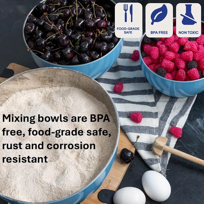 WHYSKO® Stainless Steel Mixing Bowls (Set of 3) with Non-Slip Silicone Base for Kitchen, Dishwasher Safe Bowls for Meal Prep, Cooking, Baking, Serving, Food Storage (Light Blue)