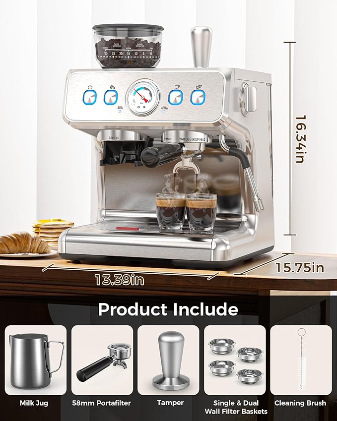COWSAR (2025 Upgrade 15 Bar Espresso Machine with Grinder & Milk Frother Steam Wand, Tamping Tools,58mm Commercial Espresso Maker for Home,Coffee Maker with Grinder Perfect for latte,Cappuccino