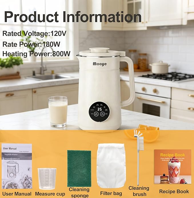 8 in 1 Nut Milk Maker Machine, 35oz（1L） Automatic Soy Bean Milk Maker with 10 Blades, Homemade Almond/Oat/Nut/Juice, Plant-Based Milk Blender, 12H Delay, Self-Cleaning, 2H Keep Warm and Boil Water