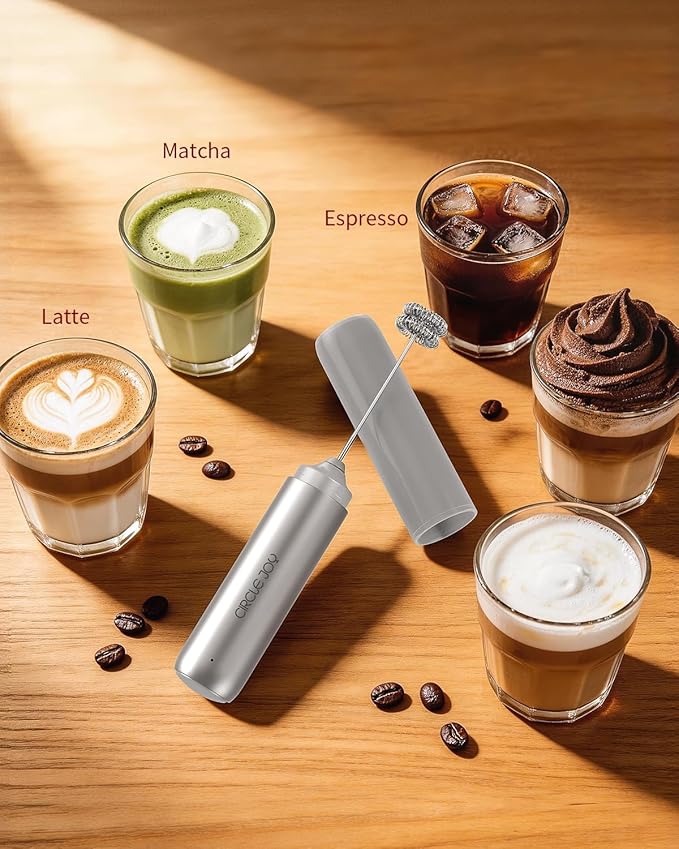 CIRCLE JOY Rechargeable Milk Frother Hanheld, Dual Coil Whisk Head Electric Coffee Frother, Portable Hand Frother Wand Drink Mixer for Matcha Lattes Cappuccino, Kitchen Gifts, Silver