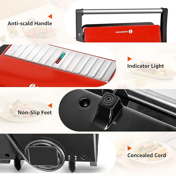 Panini Press Grill, Aigostar 1000W Sandwich Maker with Ceramic Non-stick Plates, Opens 180 Degrees for Any Size Food, 3-in-1 Sandwich Press Electric Grill, Drip Spout & Locking Lid, Red