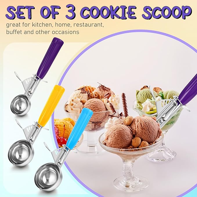 Reallnaive 3 Pcs Release Cookie Scoops Ice Cream Scooper with Trigger Release Portion Scoop Stainless Steel for Portion Control, Baking Food, Cookie Dough (1 Oz+2 Oz+2.65 oz,Purple,Yellow,Blue)