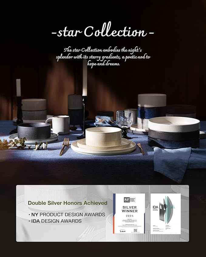 Famiware Star Dinnerware Set with Pasta Bowls, Service for 6 (24 Pieces), Ribbed Stoneware Plates and Double Bowls Sets - Chip & Scratch Resistant, Microwave & Dishwasher Safe Dishes, Nebulas Blue