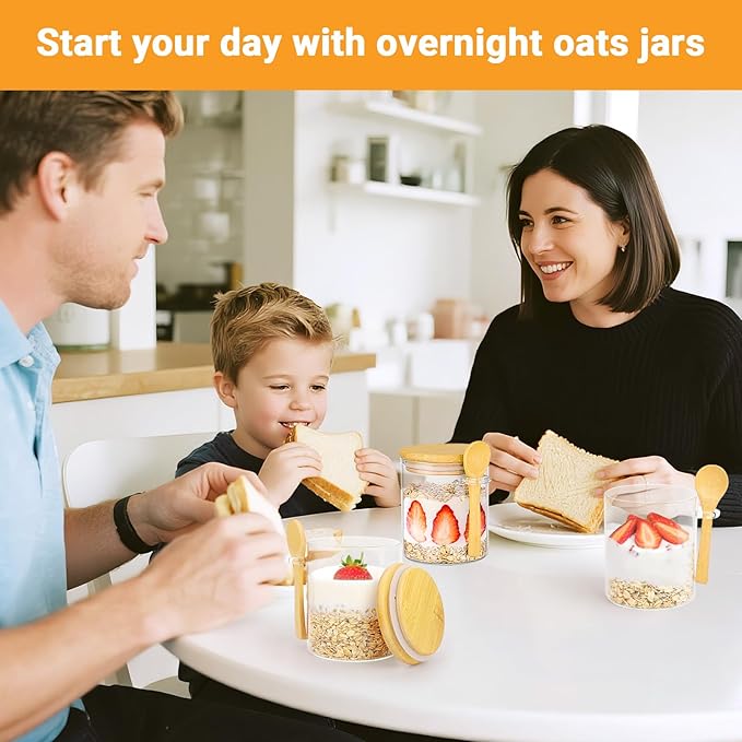 Glass Jars with Bamboo Lids and Spoon - 2 Pack 15 Fl.oz Round Glass Storage Jars with Airtight Lid, Clear Stackable Sugar and Coffee Container Set for Overnight Oats, Spice, Loose Tea,Candy