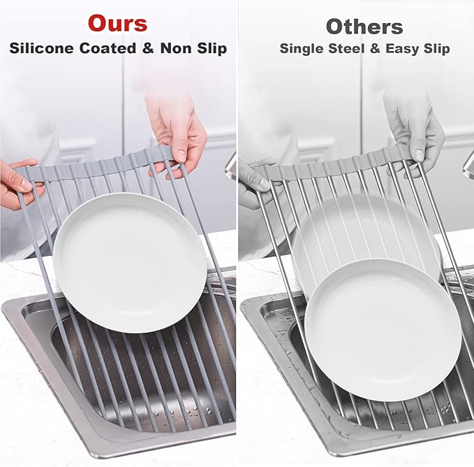 MERRYBOX Roll Up Dish Drying Rack, Over The Sink Dish Rack Foldable, Heat-Resistant, Anti-Slip Silicone Coated Steel Dish Drainer for Kitchen Sink, Multipurpose Roll Up Sink Drying Rack, 17.5" x 13"