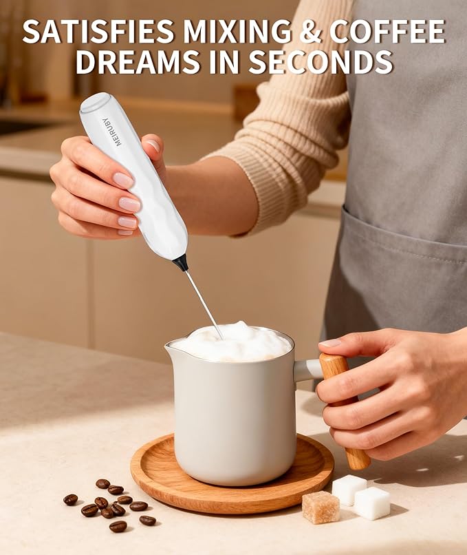 MEIRUBY 2-Pack Milk Frother Handheld with Stand, Valentines Day Gifts for Him and Her, Powerful Electric Coffee Frother, Coffee Lover Gift for Lattes, Cappuccino, Matcha & Hot Chocolate, Black/White