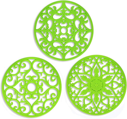 ME.FAN Trivets for Dishes/Pots/Pans, 3 Pcs Silicone Mats, Flexible/Durable/Non Slip Hot Pads to Protect Table and Counter Top (Green)