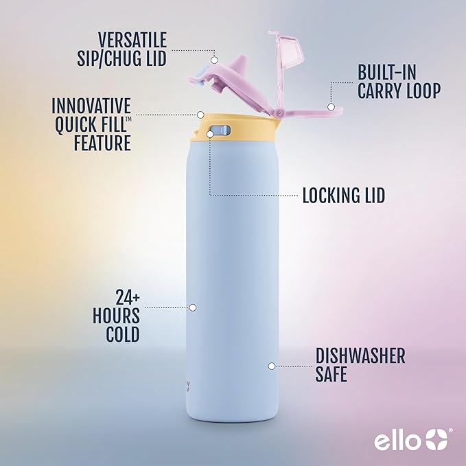 Ello Pop & Fill 32oz Stainless Steel Water Bottle with Quick Fill Technology, Double Walled and Vacuum Insulated Metal, Leak Proof Locking Lid, Sip and Chug, Reusable, BPA Free, Coastal Sunrise