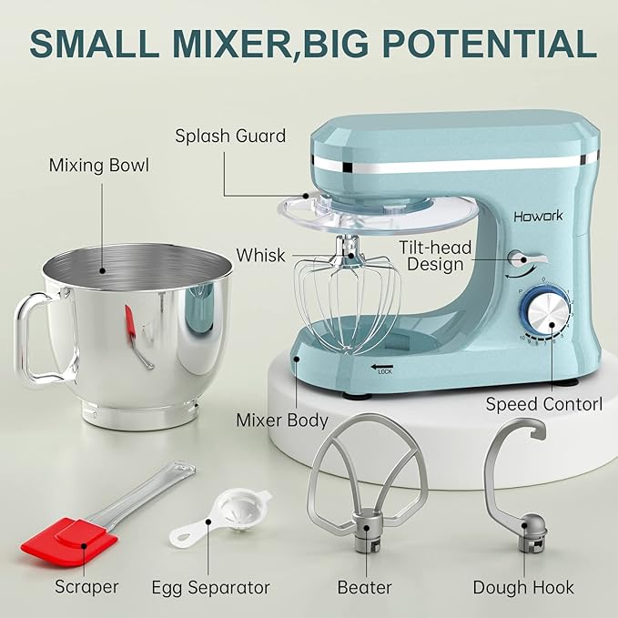 Stand Mixer Electric, 10+p Speeds With 6.5QT Stainless Steel Bowl,Dough Hook, Wire Whip & Beater,for Most Home Cooks(Blue)