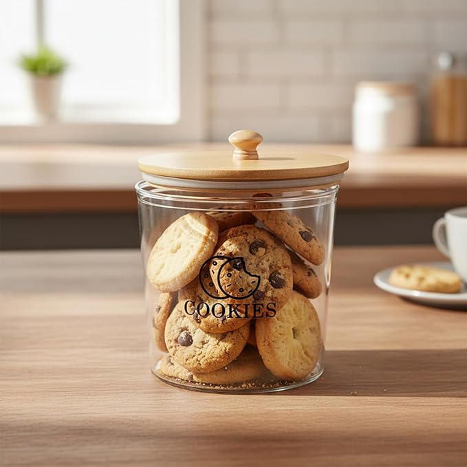 Cookie Jars with Wooden Lids Airtight, 2L Plastic Cookie Tin, Wide Mouth Candy Jar, Kitchen Counter Food Storage Container, Cute Jar for Gift Giving, BPA-Free, Round, Clear