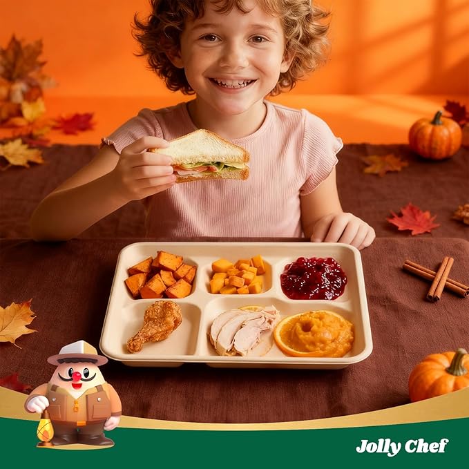 JOLLY CHEF Compostable 𝟱 Compartment Paper Plates 10*8.25*1 𝗶𝗻𝗰𝗵 [𝟱𝟬𝟬 𝗣𝗮𝗰𝗸] Small Heavy Duty Divided Disposable Eco-Friendly Biodegradable Food Trays for School Thanksgiving Day(Brown)
