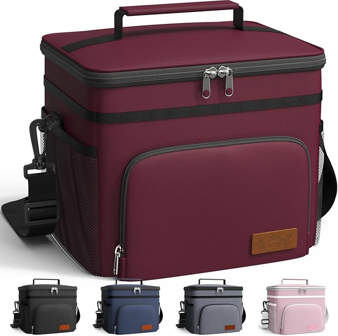 HOTOR Insulated Lunch Box for Men & Women - Leak-Proof Cooler Lunch Bag with 4 Pockets, Adjustable Strap, Ideal for Work, Picnic, Travel - Medium, Red, 10.2"×6.9"×8.5"