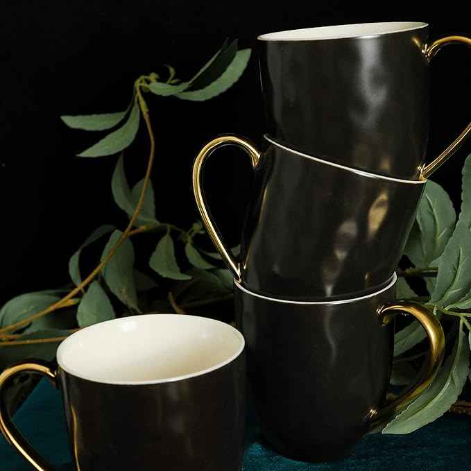 Stone Lain Florian Modern Porcelain 16 Piece Dinnerware Set, Plates and Bowls Set, Dish set for 4, Black And Golden Rim