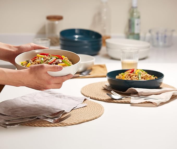KooK Pasta Bowl, Salad Bowls, Bowls, Serving Bowls, Soup, Ceramic, Large Capacity, Microwave & Dishwasher Safe, Set of 4, 40 Oz, (White)