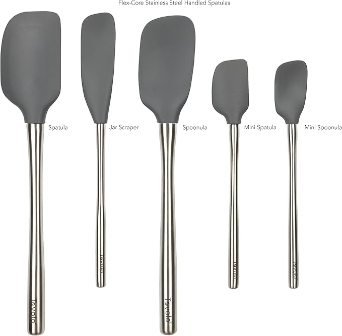 Tovolo Stainless Steel Handled Silicone Spatula Set of 5 Charcoal Gray, Dishwasher Safe Kitchen Spatula Set for Cooking Baking, Non Toxic BPA Free Silicone Spatula set with Metal Steel Handle