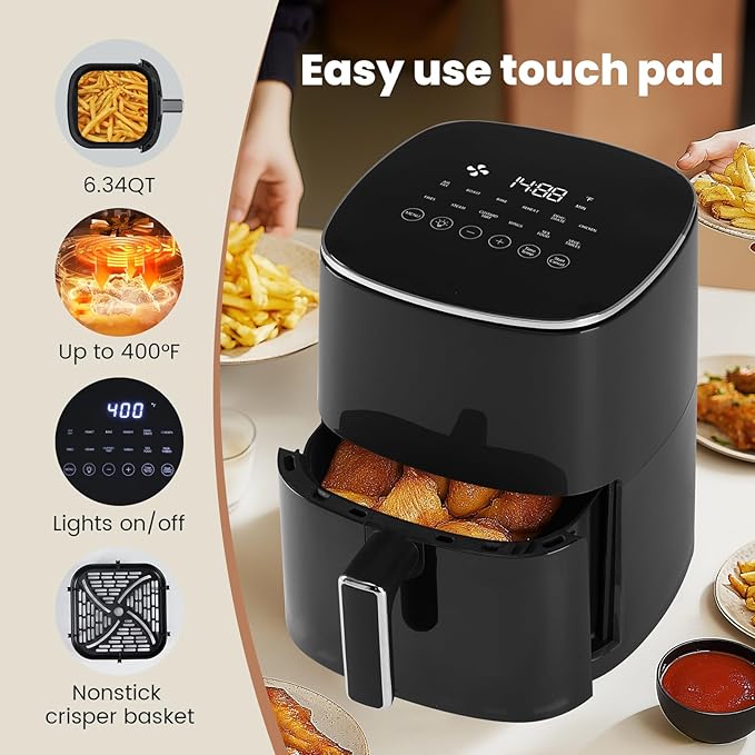 Sweetcrispy 6QT Air Fryer with Window, Square Airfryer Oven 12-in-1 for Family, 400°F Rapid Air Crispy Technology, Roast Bake Dehydrate, Nonstick & Easy-Clean Basket, Black