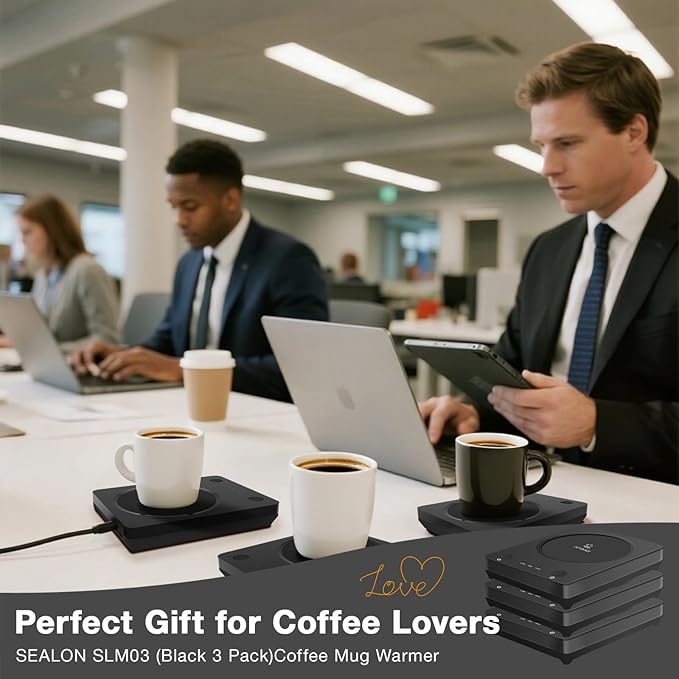SEALON SLM03 Electric Coffee Mug Warmer (Black, 3 Pack) - 3-Temperature Desk Cup Warmer with Auto Shut-Off (4 Hours) for Heating Coffee, Tea, Milk & Beverages