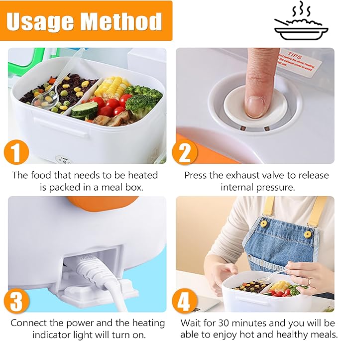 INVODA Electric Lunch Box 110V Food Heating Lunch Hot Box Portable Insulated Bento Box Electric Lunch Container for Office Travel Home (Orange)