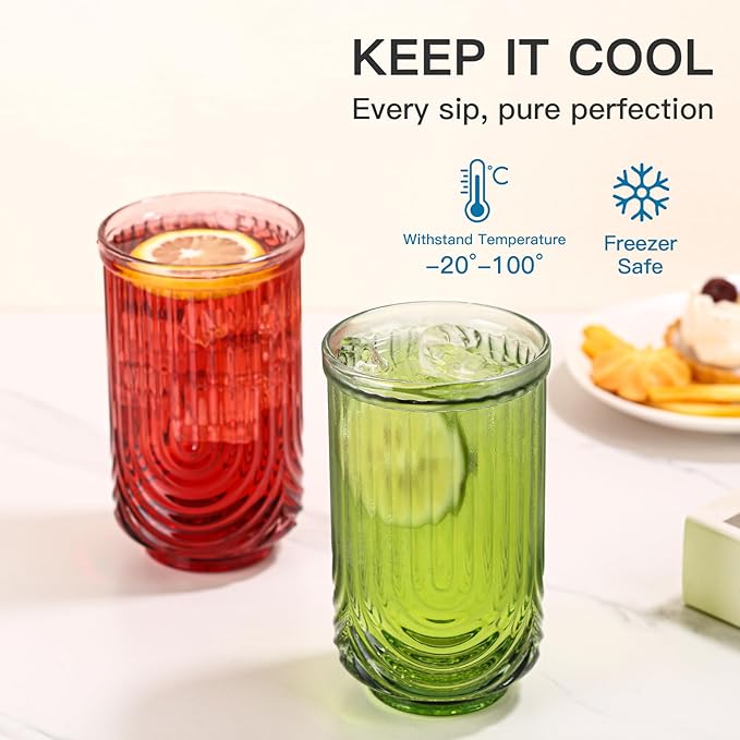 JOVGANK Colored Vintage Glassware Set of 6-17Oz Colorful Water Drinking Glass, Art Deco Ripple Highball Glass, Whiskey Cocktail Glasses, for Bar Ice Coffee Juice, Housewarming, Mother's Day Gift
