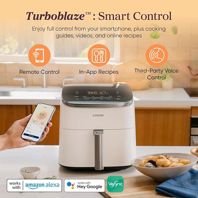 Cosori 9-in-1 TurboBlaze Air Fryer 6 Qt, Smart Control, 90°–450°F, Shake Reminders, Precise Heating for Even Results, Air Fry, Roast, Bake, Broil, Dry, Frozen, Proof, Reheat, Keep Warm, 120V, Cream
