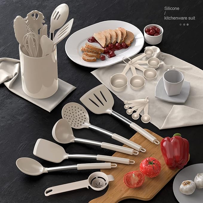 Large Silicone Cooking Utensils Set - Heat Resistant Kitchen Utensils,Turner Tongs,Spatula,Spoon,Brush,Whisk,Stainless Steel Silicone Cooking Tool for Nonstick Cookware,Dishwasher Safe (Khaki)