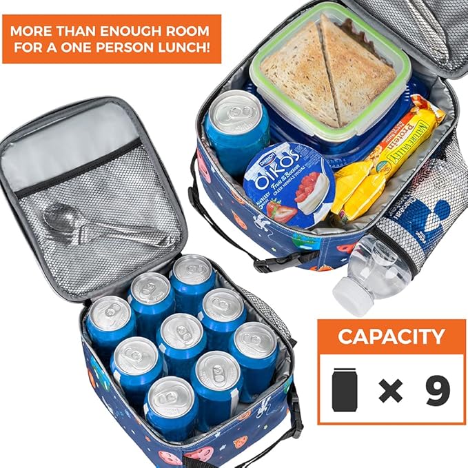 opux Premium Insulated Lunch Box, Soft School Lunch Bag for Kids Boys Girls, Leakproof Small Lunch Pail Men Women Work, Reusable Compact Cooler Tote Lunchbox for Office, Space Astronaut