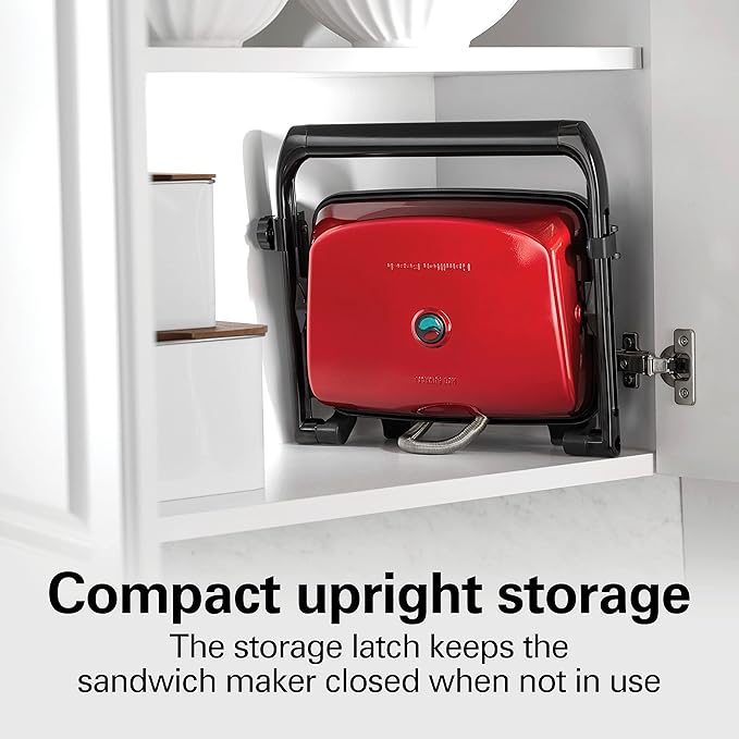 Hamilton Beach Panini Press Sandwich Maker & Electric Indoor Grill with Locking Lid, Opens Wide to Fit Any Thickness for Quesadillas, Burgers & More, Nonstick 8" x 10" Grids, Red (25462Z)