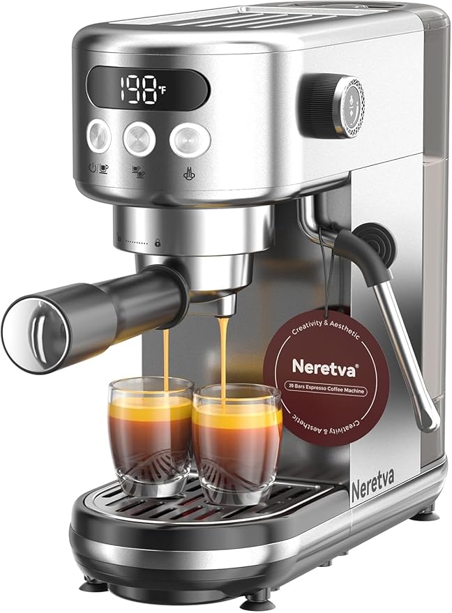 Neretva Espresso Machine 20 Bar, Super Compact Espresso Maker Stainless Steel Professional Coffee Machine Espresso with Power Steam & LED Display for Home Barista Latte and Cappuccino Maker-Silver