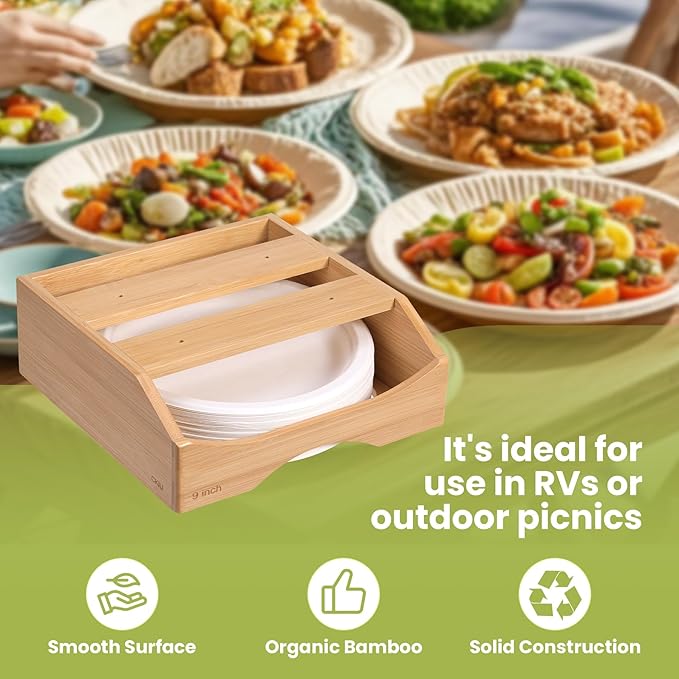9-inch Paper Plate Dispenser Under Cabinet, Bamboo Paper Plate Holders, Kitchen Counter Vertical Plate Dispensers Holders Countertop Caddy(For 9-inch Plates, Bamboo)