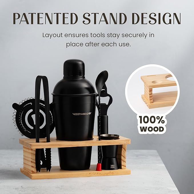 Modern Mixology Cocktail Shaker Set - 8 Piece Bartender Kit on Quality Pine Stand | Complete Cocktail Kit Gift Set | Top Bartender Gifts for Men | Leak Proof Design (Black)