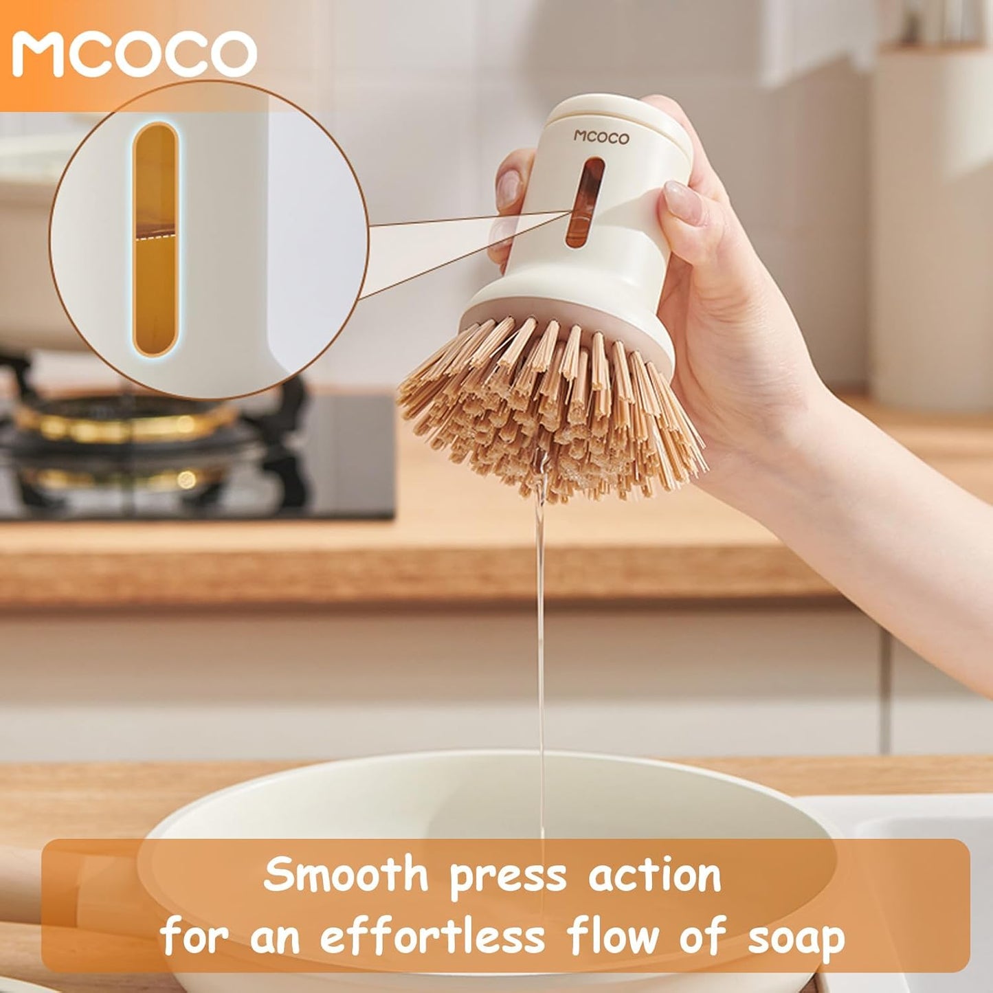 Dish Brush Set with Soap Dispensing Palm Brush Dish Scrub Brush with Soap Dispenser Palm Dish Brush Kitchen Cleaning Brush with Ergonomic Long Handle for Cleaning Sink, Pot, Pan, Stove, Yellow