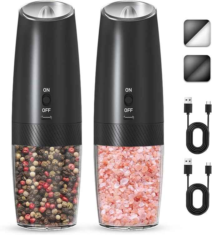 Rechargeable Salt And Pepper Grinder Set, Gravity Electric Salt And Pepper Grinder Set Electric, Salt And Pepper Shakers Set Electric, Adjustable Coarseness, LED Light, (Black+Black)