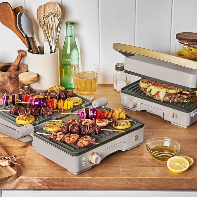 Panini Press Indoor Grill 1 2-in-1200W Non-Stick Removable Plates Sandwich Maker by Drew Barrymoree. (Porcini Taupe)