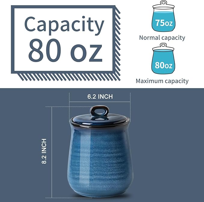 HASENSE Ceramic Food Storage Jar with Airtight Lid, 80 FL OZ Large Blue Coffee Container & Candy Canister for Countertop, Farmhouse Kitchen Decor for Sugar, Tea, Flour, Cookies, Snacks & More