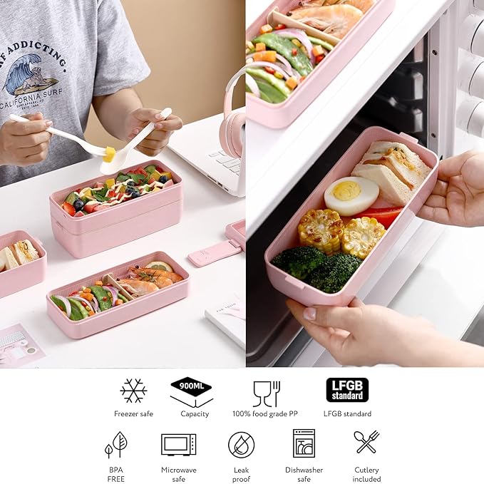 Rarapop 2 Pack Stackable Bento Box Japanese Lunch Box Kit with Spoon & Fork, 3-In-1 Compartment Wheat Straw Meal Prep Containers for Kids & Adults (Pink/Beige)