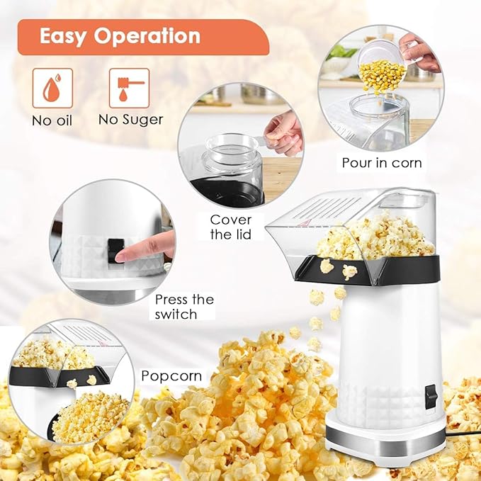 Hot Air Popper Popcorn 1200W Electric Hot Air Popcorn Maker for Family Movie Nights Home Popcorn Machine, White
