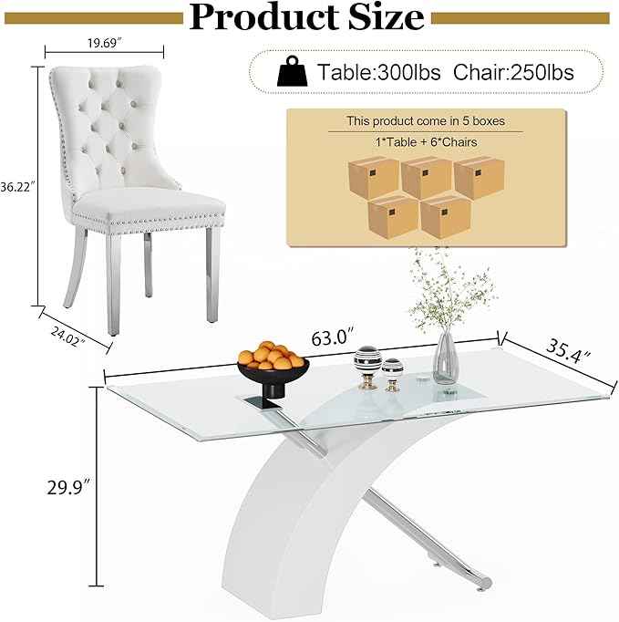 7 Piece Glass Dining Table Set for 6, 63" Modern Kitchen Table with 6 White Velvet Chairs, Tempered Glass Tabletop with White X-Shaped MDF Base, Modern Dining Room Set for Kitchen and Dining Room
